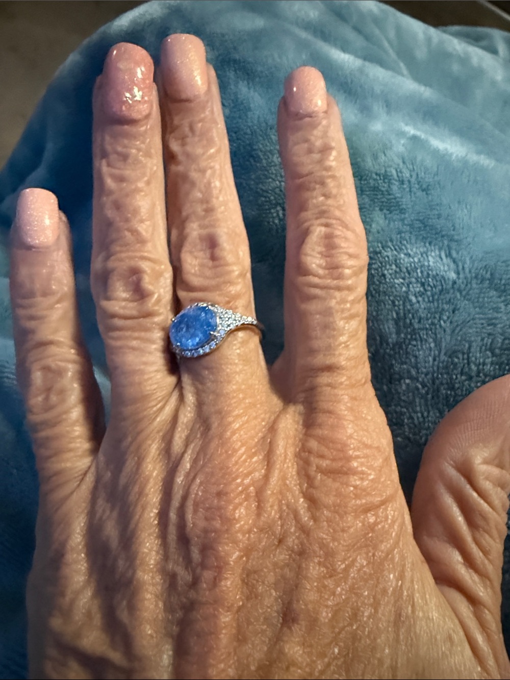 BP rhodium plated blue Ice Crystal halo Ring